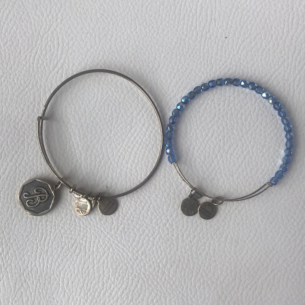 Alex & Ani “B” Silver and Blue Charm Bracelet Set